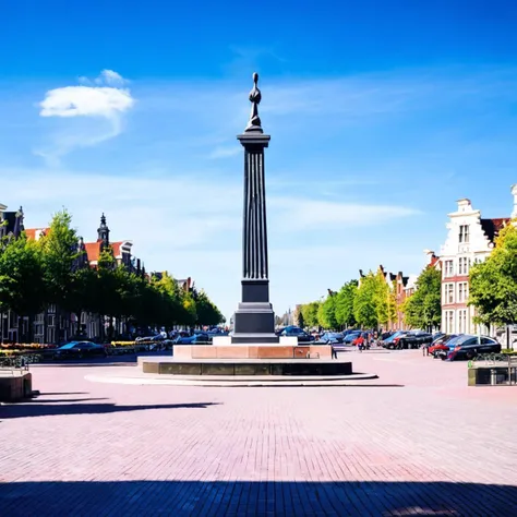 photo of an european city in the style of Amsterdam, there is a monument in the center of a public place