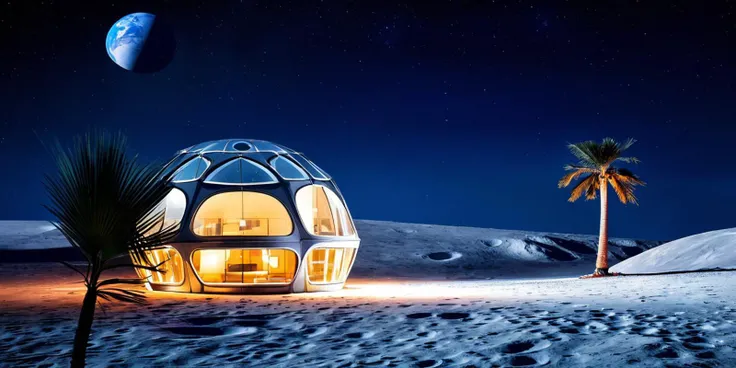 Photo of a futuristic house with a dome-shaped structure situated on the lunar surface. The house has large, round windows with warm, inviting lights glowing from within. A palm tree stands nearby, adding an element of surrealism to the otherwise barren, cratered landscape of the moon. In the background, Earth is visible, floating majestically in the dark, star-filled sky. The overall scene combines elements of modern architecture with an extraterrestrial setting.