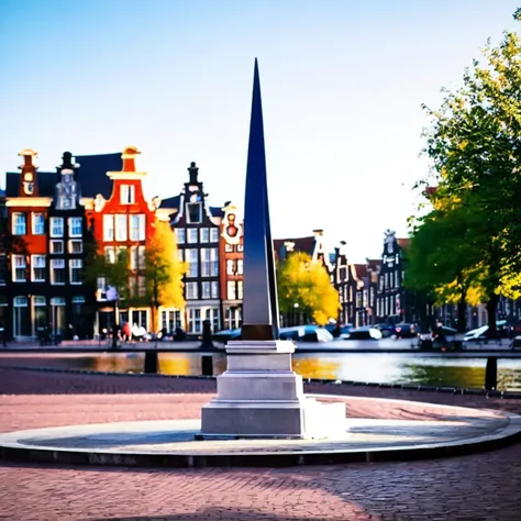 photo of an european city in the style of Amsterdam, there is a monument in the center of a public place