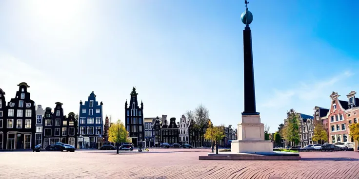 photo of an european city in the style of Amsterdam, there is a monument in the center of a public place