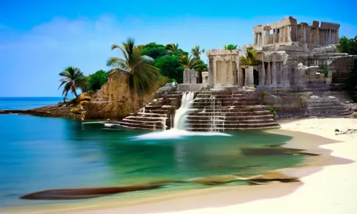 A nostalgic 80s VHS still image, with prominent film grain and chromatic aberration, showcasing a beautiful scene. A serene landscape featuring ancient Greek-inspired temple ruins, partially overgrown with lush greenery, situated on a sandy beach. Palm trees stand tall along the shoreline, their leaves rustling gently in the breeze. In the distance, crystal-clear waterfalls cascade down rocky cliffs, feeding into a tranquil ocean. The sky above is a brilliant blue, with a few wispy clouds drifting lazily across it. The image is characterized by a strong analog aesthetic, with a distinct 4:3 aspect ratio and visible VHS tape artifacts.