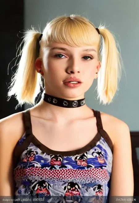 portrait photo of a sexy woman wearing a crop top with teddy bears on it,she has a leather choker, she has her blonde hair in two pig tails, the background is blurred but she is in her bedroom
