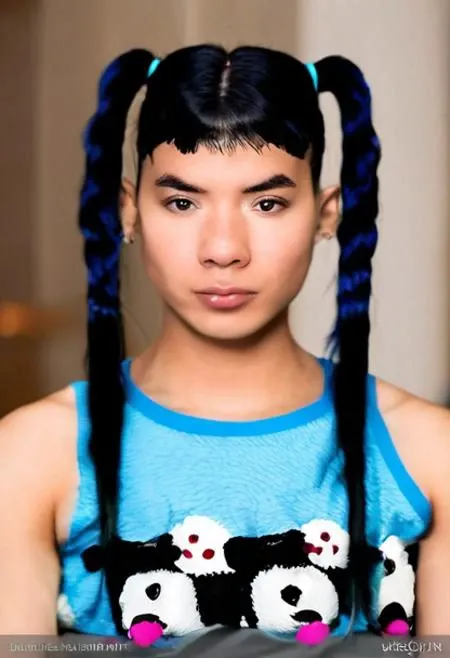 portrait of a sexy young woman wearing a crop top with teddy bears on it, she has her black hair in two pig tails, she is looking directly at the camera, she has a choker, the background is blurred but she is in her bedroom, BREAK, she has some barely noticeable blue makeup but not too much