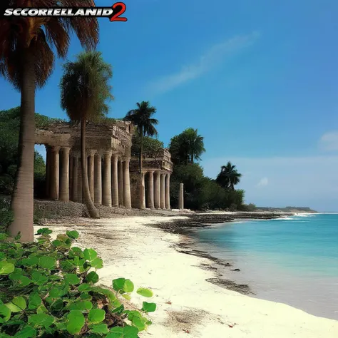 A nostalgic 80s VHS still image, with prominent film grain and chromatic aberration, showcasing a beautiful scene.  A serene landscape featuring ancient Greek-inspired temple ruins, partially overgrown with lush greenery, situated on a sandy beach. Palm trees stand tall along the shoreline, their leaves rustling gently in the breeze. In the distance, crystal-clear waterfalls cascade down rocky cliffs, feeding into a tranquil ocean. The sky above is a brilliant blue, with a few wispy clouds drifting lazily across it. The image is characterized by a strong analog aesthetic, with a distinct 4:3 aspect ratio and visible VHS tape artifacts.