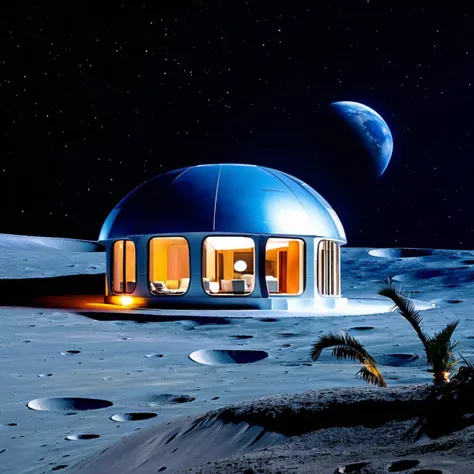 Photo of a futuristic house with a dome-shaped structure situated on the lunar surface. The house has large, round windows with warm, inviting lights glowing from within. A palm tree stands nearby, adding an element of surrealism to the otherwise barren, cratered landscape of the moon. In the background, Earth is visible, floating majestically in the dark, star-filled sky. The overall scene combines elements of modern architecture with an extraterrestrial setting.