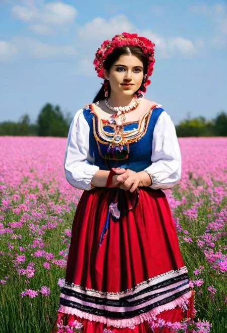 european woman dressed in a traditional dress in front of a field of pink flowers