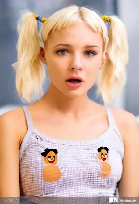 portrait of a sexy woman wearing a crop top with teddy bears on it, she has her blonde hair in two pig tails, she has a leather choker, the background is blurred but she is in her bedroom