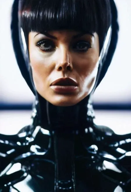 portrait of a sexy young woman wearing a futuristic bodysuit, she has a futuristic hairstyle, she is looking directly at the camera, the background is blurred but we can see a futuristic landscape