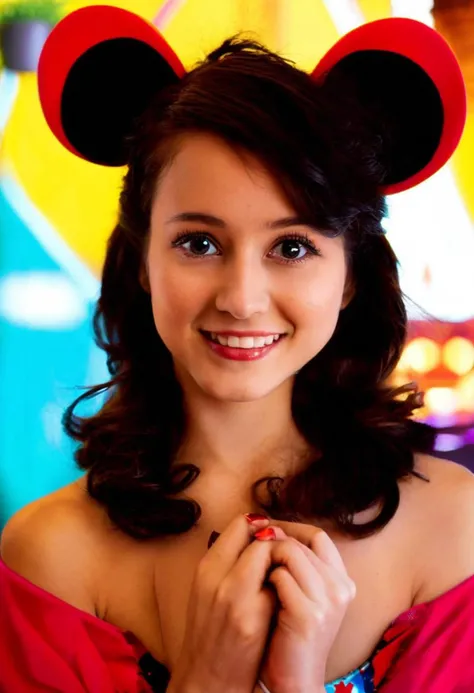 Create a high-resolution photo portrait of a young woman wearing iconic Mickey Mouse ears. The portrait should capture her playful charm, nostalgia, and sense of fun in a whimsical and lively setting.
Design the setting to complement the playful theme, with elements that evoke a sense of nostalgia and creativity. Consider using a colorful and vibrant backdrop such as a retro-inspired room with vintage decor, a playful outdoor space with cheerful props, or a theme park setting that enhances the whimsical atmosphere.
The young woman should be portrayed with a cheerful and animated expression, exuding a sense of joy and playfulness. Her outfit should complement the Mickey Mouse ears, with attire that reflects her personal style and adds to the fun theme. Consider details like colorful accessories, retro-inspired clothing, or playful props that enhance the whimsical character of the portrait.
Focus on capturing dynamic poses and gestures that convey a sense of excitement and enthusiasm. Use bright, cheerful lighting or natural light that enhances the vibrant colors and playful atmosphere, creating a visually engaging portrait.
Ensure the overall composition evokes a feeling of nostalgia, happiness, and youthful spirit, celebrating the young woman's playful nature and fondness for iconic characters like Mickey Mouse. The portrait should capture her in a moment of joy and connection to beloved childhood memories, showcasing her personality and charm in a lively and memorable way.