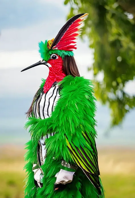 young woman wearing a humming bird costume