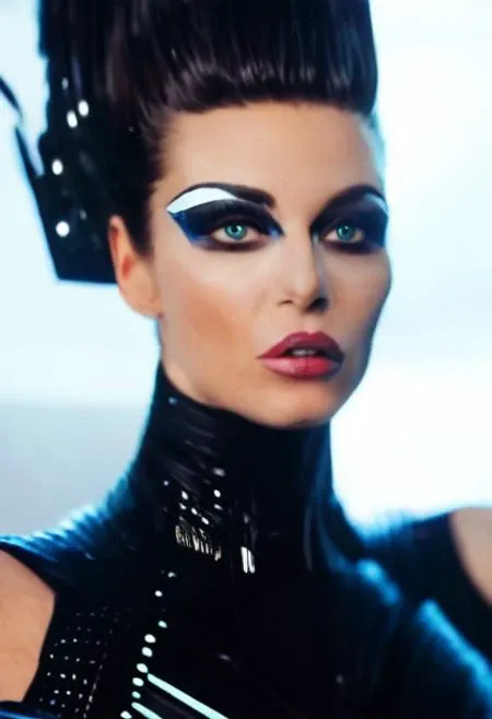 portrait of a sexy young woman wearing a futuristic bodysuit, she has a futuristic hairstyle, she is looking directly at the camera, the background is blurred but we can see a futuristic landscape, she has futuristic makeup