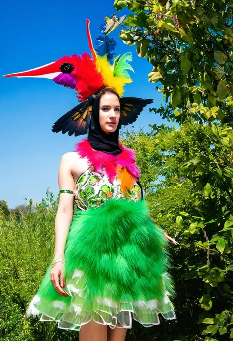 young woman wearing a humming bird costume