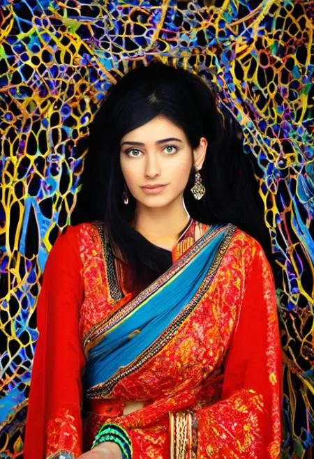 A photo of a young woman wearing a tradition indian outfit, the background is abstract and complex