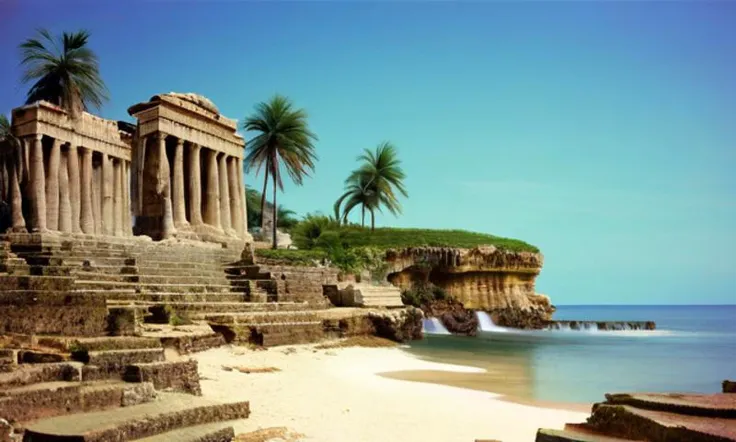 A nostalgic 80s VHS still image, with prominent film grain and chromatic aberration, showcasing a beautiful scene. A serene landscape featuring ancient Greek-inspired temple ruins, partially overgrown with lush greenery, situated on a sandy beach. Palm trees stand tall along the shoreline, their leaves rustling gently in the breeze. In the distance, crystal-clear waterfalls cascade down rocky cliffs, feeding into a tranquil ocean. The sky above is a brilliant blue, with a few wispy clouds drifting lazily across it. The image is characterized by a strong analog aesthetic, with a distinct 4:3 aspect ratio and visible VHS tape artifacts.