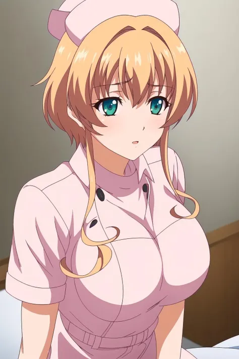 (day:1.7), in the infirmary, bedroom,
Standing at attention,
nurse, nurse cap, nurse uniform,
<lora:Sera_Shoot_Beat-KK77-V1:0.7>,pink dress, pink headwear,
green eyes,blonde hair, short hair,bangs,
1 girl, 20yo,Young female,Beautiful Finger,Beautiful long legs,Beautiful body,Beautiful Nose,Beautiful character design, perfect eyes, perfect face,expressive eyes,
looking at viewer, in the center of the image,(Upper_body),(Focus on her face),
official art,extremely detailed CG unity 8k wallpaper, perfect lighting,Colorful, Bright_Front_face_Lighting,shiny skin,
(masterpiece:1.0),(best_quality:1.0), ultra high res,4K,ultra-detailed,
photography, 8K, HDR, highres, absurdres:1.2, Kodak portra 400, film grain, blurry background, bokeh:1.2, lens flare, (vibrant_color:1.2)
(Beautiful,large_Breasts:1.4), (beautiful_face:1.5),(narrow_waist),