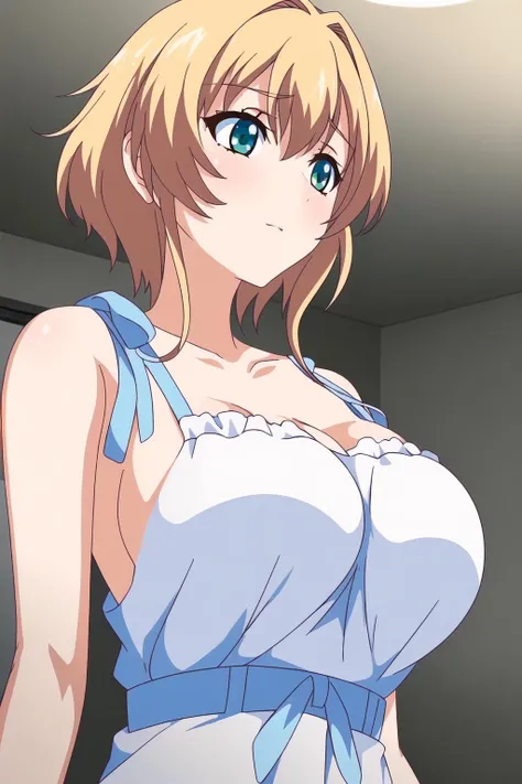 (day:1.7), in the infirmary, bedroom,
Standing at attention,
White and Blue Dress,collarbone, cleavage, blue ribbon,sleeveless dress,
<lora:Sera_Shoot_Beat-KK77-V1:0.7>,
green eyes,blonde hair, short hair,bangs,
1 girl, 20yo,Young female,Beautiful Finger,Beautiful long legs,Beautiful body,Beautiful Nose,Beautiful character design, perfect eyes, perfect face,expressive eyes,
looking at viewer, in the center of the image,(Upper_body),(Focus on her face),
official art,extremely detailed CG unity 8k wallpaper, perfect lighting,Colorful, Bright_Front_face_Lighting,shiny skin,
(masterpiece:1.0),(best_quality:1.0), ultra high res,4K,ultra-detailed,
photography, 8K, HDR, highres, absurdres:1.2, Kodak portra 400, film grain, blurry background, bokeh:1.2, lens flare, (vibrant_color:1.2)
(Beautiful,large_Breasts:1.4), (beautiful_face:1.5),(narrow_waist),