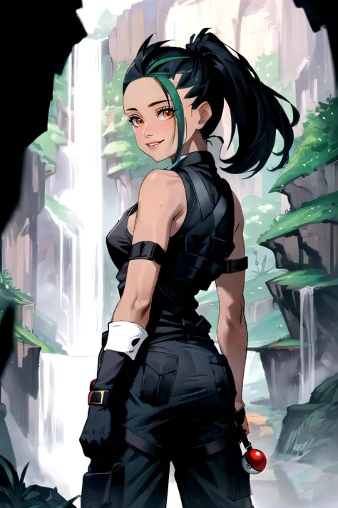 8k, masterpiece, high quality, highres, extremely detailed clothes, detailed face, Hyperrealistic,
A dark forrest with a Pagoda and a waterfall in the Background
black gloves, tactical vest, techwear jacket, green buckle and tape,  <lora:urbansamuraiv3testing:0.6>
1girl, cowboy shot, tanned skin:1.3, serious, looking back at viewer
<lora:nemona2:0.7>, nemona \(pokemon\)