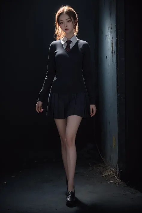Best quality, masterpiece, ultra high res, (photorealistic:1.4), raw photo,(slender legs)(beautiful hands)(normal body shape),dynamic pose,1girl,solo, school uniform, in the dark, deep shadow, low key, cold light 12000K<lora:lora:epiNoiseoffset_v2:0.4:PALETTE>