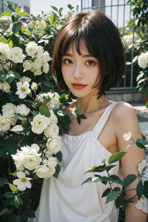 Sad theme , (best quality, masterpiece:1.2), 18yo beautiful girl in garden,pale white skin,(Ukrainians:Russian:0.5),deep cleavage white dress, large breast, crawling on the green lawn, (white flowers mess in background:1.3),eyes level shot, shoot the (high detailed skin:1.2), 8k uhd, dslr, low key, high quality, film grain, Fujifilm XT3, lighting glow effect,no retouching,raw photo realistic, skin texture is very detail ,no makeup,