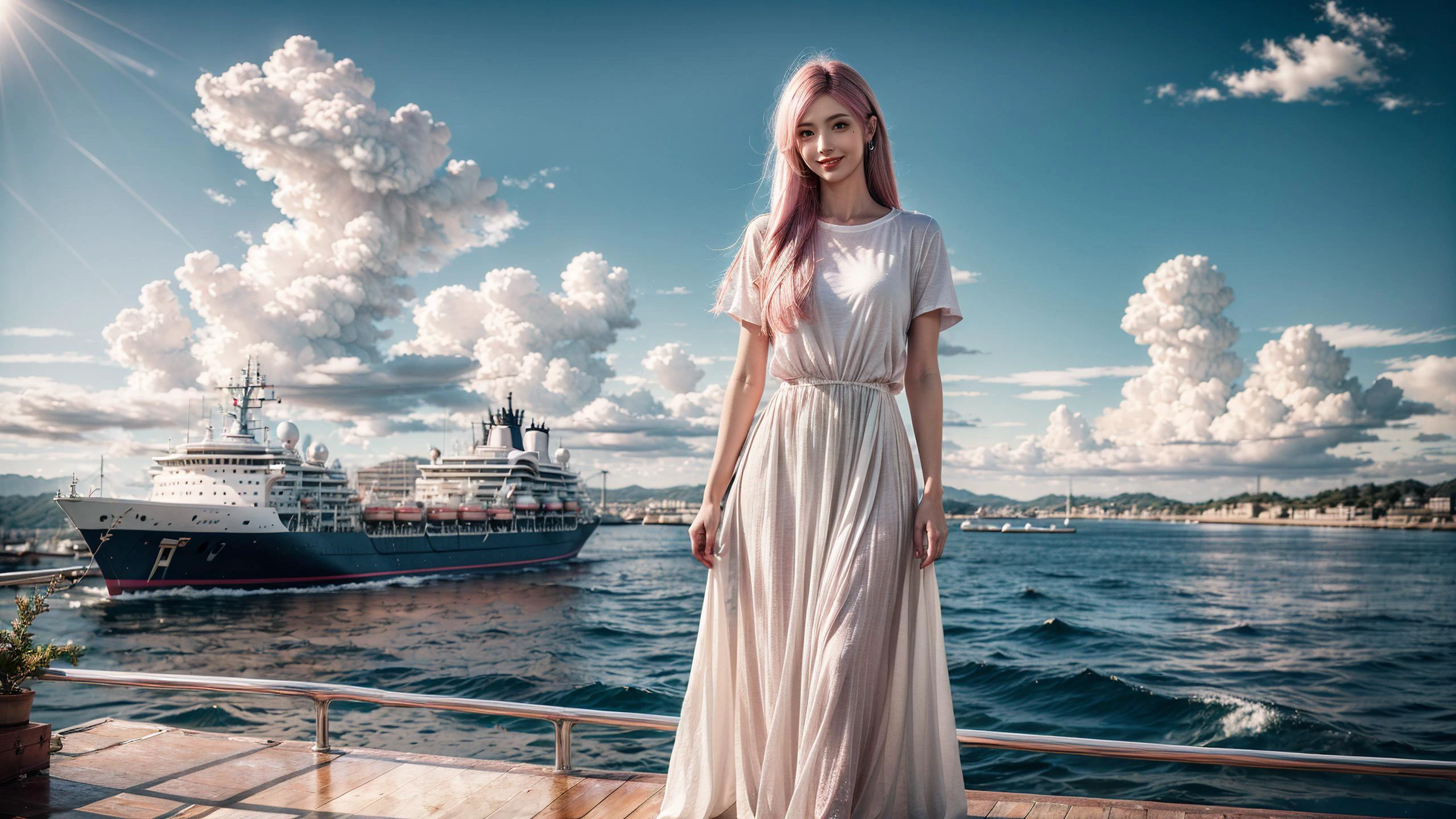 large DOF,ear_ornament,(on the ship:1.1),(8k, RAW photo, best quality, masterpiece:1.2),cinematic light,ultra-detailed,hyper detailed,absurdres,realistic,photo_(medium),<lora:add_detail:1>,<lora:depth_of_field_slider_v1:1.6>,happy,smile,t-shirt,knotting,white long dress,yuukananri,pink hair,green eyes,long hair,cloud,ship deck,tetsukui,sunlight,daytime,ocean,<lora:yuukananri-base-01:0.7>,