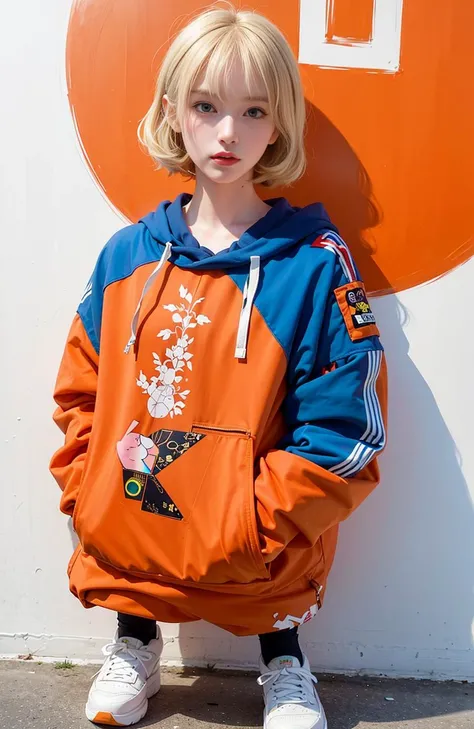 abstract 1998 european blond hiphop girl by sachin teng x supreme, attractive, stylish, designer, orange, asymmetrical, geometric shapes, graffiti, street art, full body, cowboy shot, <lora:komoshuaiCNCoser_v15:0.5>