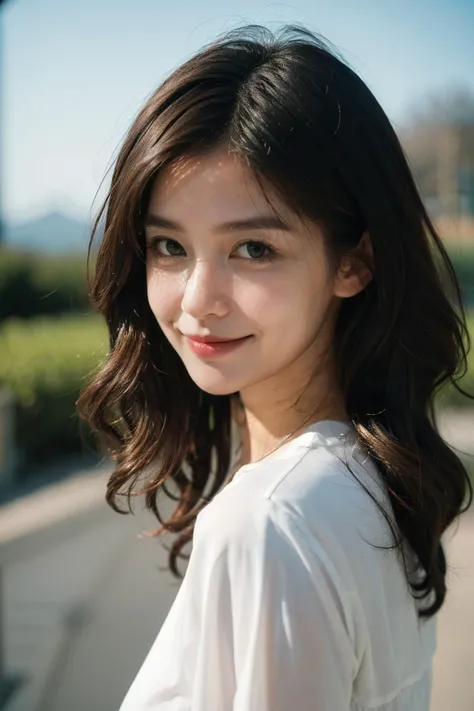 1girl,smirk,curly hair,rejuvenation,retro,film grain <lora:chineseAngela_v10:0.6:FACE> beautiful landscape