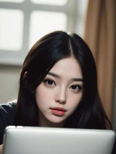 Best quality, masterpiece, ultra high res, (photorealistic:1.4), 1girl, a black and white photo of a girl on the computer using Midjourney to generate black and white portrait photography
