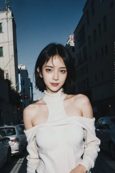 Best quality, masterpiece, ultra high res, (photorealistic:1.4), raw photo, cyberpunk edgerunners,1girl,solo, lucy \(cyberpunk\), bare shoulders, blue eyes, breasts, leotard, outdoor, looking at viewer, smile, medium breasts, off-shoulder jacket, off shoulder, red eyeliner, short hair, sleeveless turtleneck leotard, solo, turtleneck leotard, white hair, ((masterpiece)), cyberpunk, neon trim, street, white hair,