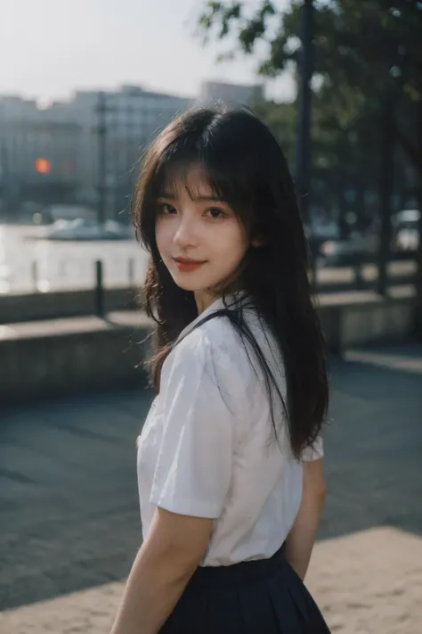 Ultra-realistic 8k CG,masterpiece,best quality,(photorealistic:1.4),HDR,absurdres,Professional,RAW photo,lens flare,(film grain:1.1),Bokeh,((Depth of field)),raytracing,sunlight,(wind:1.2),1girl,((hair between eyes)),(hair over eyes:1.1),eyes covered by hair,long hair,expressionless,asymmetrical bangs,upper body,disheveled hair,looking at viewer,solo,sexy,seductive smile,(school uniform:1.2),mini skirt,large_breasts,Dusk,white shirt open,on the beach,<lora:修细节add_detail:0.6>,<lora:InstantPhotoX3:0.6>,<lora:v3FilmVelvia3:0.3>,realistic vintage photo style,(polaroid:1.1),<lora:neg_bdsqlsz_V2:0.5>,<lora:GirlfriendMix2:0.4>,(EOS R8,50mm,F1.2,8K,RAW photo:1.2),