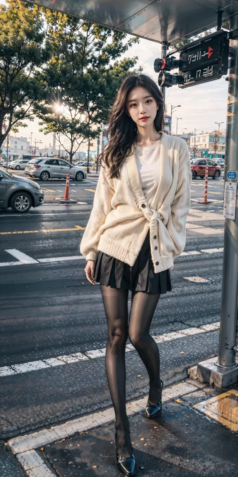 (photorealistic:1.4),8k,1girl, (masterpiece), best quality, highest quality, (detailed face:1.5),original,highres, unparalleled masterpiece, ultra realistic 8k, perfect artwork, ((perfect female figure)),mature female, narrow waist, skinny,detailed skin, solo, pantyhose, skirt, white background,high heels, black pantyhose, black footwear, full body, standing, pleated skirt, standing on one leg, brown eyes, long hair, black hair,sleeves past wrists, long sleeves, open clothes, black skirt, street,afternoon,nature light,outdoors, tree, bus stop,200 mm,low position,lens flare,<lora:taiwanDollLikeness_v10:0.2>, <lora:cuteGirlMix4_v10:0.2>, <lora:koreandolllikeness_V10:0.2> <lora:20d_v10:0.3> <lora:FilmG2:0.6>
