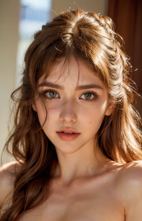 sunlight, backlight, ((Cinematic Light, Lens Flare, Ray tracing)), (masterpiece),((ultra-detailed)), (highly detailed CG illustration),(expressionless), (best quality:1.2),(1girl:1.2),High quality texture, intricate details, detailed texture, High quality shadow, a realistic representation of the face, Detailed beautiful delicate face, Detailed beautiful delicate eyes, brown eye pupil, a face of perfect proportion, Depth of field, perspective,20s, slender face, (big eyes:1.2),blush,glossy lips, perfect body, lean body, (narrow waist:1.3), medium breast, distinct_image, (lustrous skin), solo focus, (brown hair), (finely detailed beautiful eyes and detailed face), (streaked hair), light source contrast, ((medium hair)), (pureerosface_v1:0.5) , (ulzzang-6500-v1.1:0.5), <lora:epi_noiseoffset2:1>, <lora:add_detail:0.5>, <lora:GoodHands-vanilla:1>,  <lora:Evelinaa:0.8>