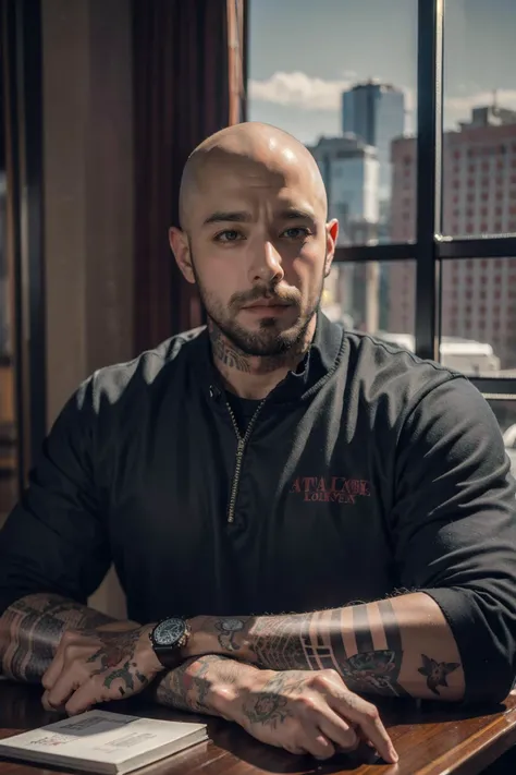 (male:1.2), man, (beard:0.8), (bodybuilder:0.7), (skinhead:0.7),cold face, tough guy, cowboyshot, tattoo, french windows, luxury hotel
masterpiece, best quality, photorealistic <lora:LowRA:0.6>