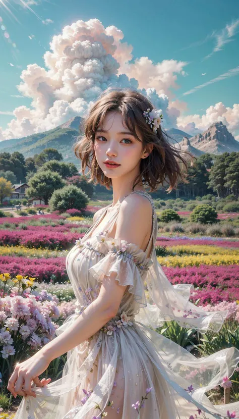 1girl, dynamic angle, cloud and mountain, (flower field:1.4) in the foreground, white dress, light tracing, (floating colorful wind:1) (photorealistic:1.4), official art, unity 8k wallpaper, ultra detailed, beautiful and aesthetic, masterpiece,best quality, glowing skin, cinematic lighting, light smile
 <lora:add_detail:0.8>,  <lora:LiquidClothesV1fixed:0.6> <lora:lolitaFashionDress_floral_style3:0.2>