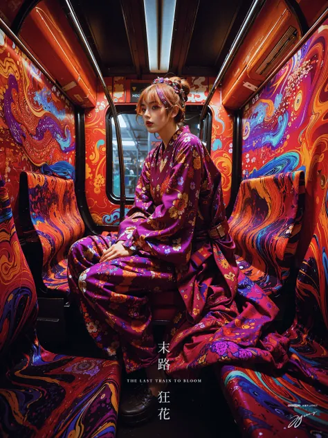 Best quality, masterpiece, ultra high res, (photorealistic:1.4), raw photo, a person is sitting on a train, her legs sticking out, in the style of futuristic psychedelia, elaborate kimono, candid shots of famous figures, swirling vortexes, dark magenta and orange, sculptural costumes, photorealistic scenes