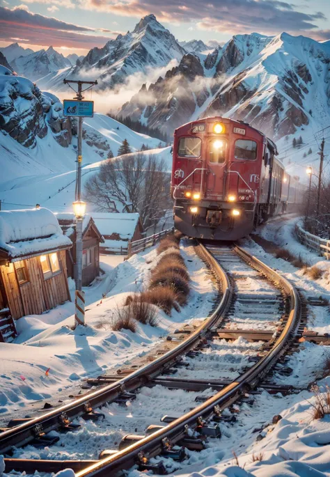 train, snow mountain, sunset, (masterpiece),((ultra-detailed)), (highly detailed CG illustration),(expressionless), (best quality:1.2), High quality texture, intricate details, detailed texture, High quality shadow, Cinematic Light, Depth of field, light source contrast, perspective,20s, (ulzzang-6500-v1.1:0.5), <lora:epi_noiseoffset2:1>, <lora:add_detail:0.8>,