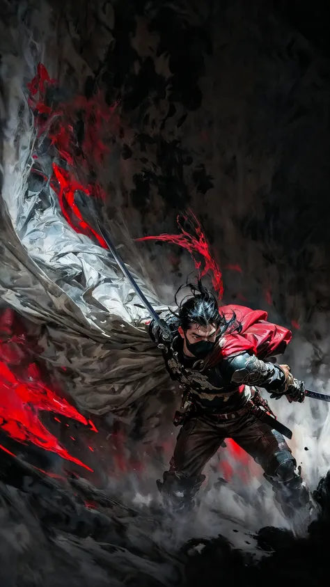 (RAW photo, best quality),(realistic, photo-realistic:1.3),extremely delicate and beautiful,Amazing,finely detail,masterpiece,ultra-detailed,highres,(best illustration),(best shadow),intricate,
(male:1.4),armored,sword,long hair,black hair,holding weapon,blood,holding sword,arm guards,blood on weapon,tabi,floating hair,full body,fantasy,ink strokes,explosions,over exposure,((watercolor painting by John Berkey and Jeremy Mann )) brush strokes,negative space,red paint splatted,in the style of gritty urban realism,violent,wildlife art with a satirical twist,intense energy,(fogy:1.4),
sharp focus,volumetric fog,8k UHD,DSLR,high quality,(film grain:1.4),Fujifilm XT3,black and red tone impression on background,motion blur,
<lora:wuxia:0.6> <lora:Smoke:0.8>,<lora:add_detail:1>,