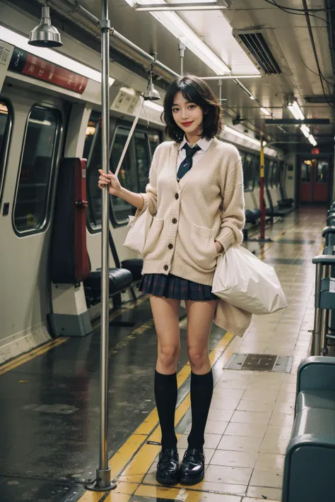 8K raw photo, Best quality, masterpiece, ultra high res, 1girl, looking at viewer, natural skin texture, realistic eye and face details, full lips, lipstick, rouge \(makeup\), red eyeshadow, fluffy short hair, little smile, beautiful legs, tall female, skinny, slim_legs, solo, mask, black hair, skirt, mouth mask, necktie, socks, shoes, school uniform, plaid, plaid skirt, cardigan, loafers, surgical mask, standing, (train interior:1.2), bag, kneehighs, pleated skirt, full body, black footwear, black socks, realistic, holding, <lora:Lora_v20:0.7>