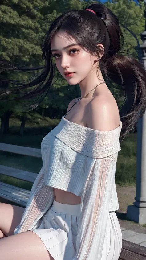 (incredibly absurdres, ultra-detailed,CG ,unity ,8k wallpaper),(masterpiece),(realistic),(photorealistic:1.2),(raw photo:1.2), (best quality:1.2), (detailed face :1.4),(beautiful detailed eyes :1.2),(detailed hair), (cinematic lighting, photograpy:1.1), official art, unity 8k wallpaper, ultra detailed, beautiful and aesthetic, subsurface scattering, perfect shadow, dark theme, night-time, beautiful and aesthetic,1girl, Look straight, Ponytail , blush , medium breasts, crying, tears rolling down face, heavy breath, upper body, (very windy:1.5), wearing a white crop top, off shoulder, black mini pleated skirt, sitting on park bench, park, trees, lamp post, <lora:add_detail:0.6>, <lyco:GoodHands-beta2:1.0>