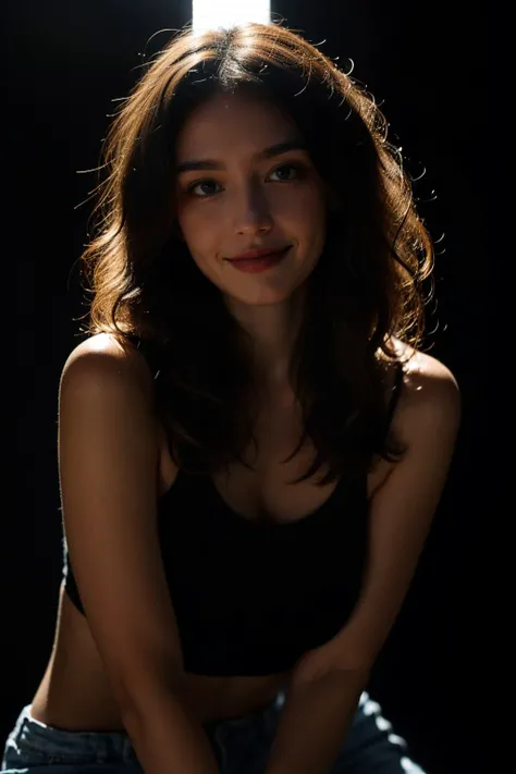 1girl,smirk,curly hair <lyco:OF_Mary_Nabokova:0.8> in the dark, deep shadow