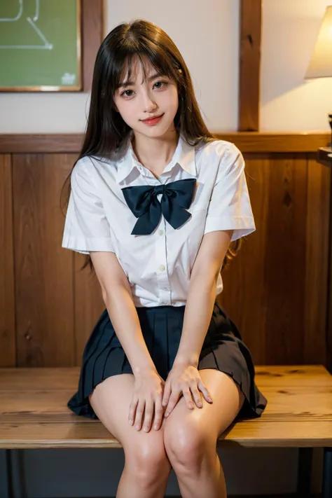 (1girl), sitting, smirk, long hair, glowing skin, model posing, JP SCHOOL UNIFORM, 22 years old, looking at viewer <lora:JP SCHOOL UNIFORM:0.5>
