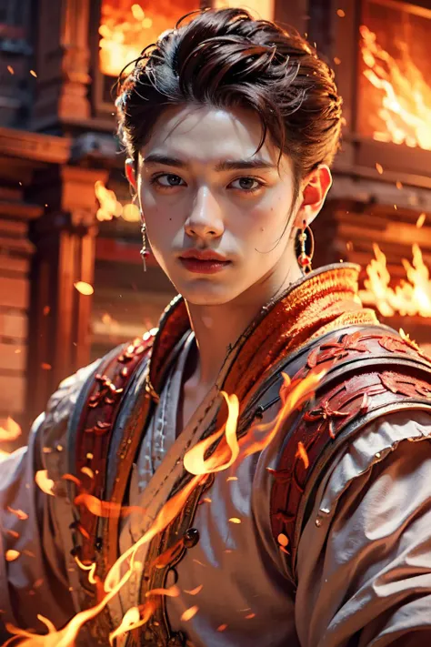 Best quality,masterpiece,ultra high res,(photorealistic:1.4)1boy,beautiful_face,detailed skin,full body,<lora:yuhuoshu:0.6>,yuhuoshu,jewelry,solo,earrings,(fire:1.3),blurry,realistic,lips,