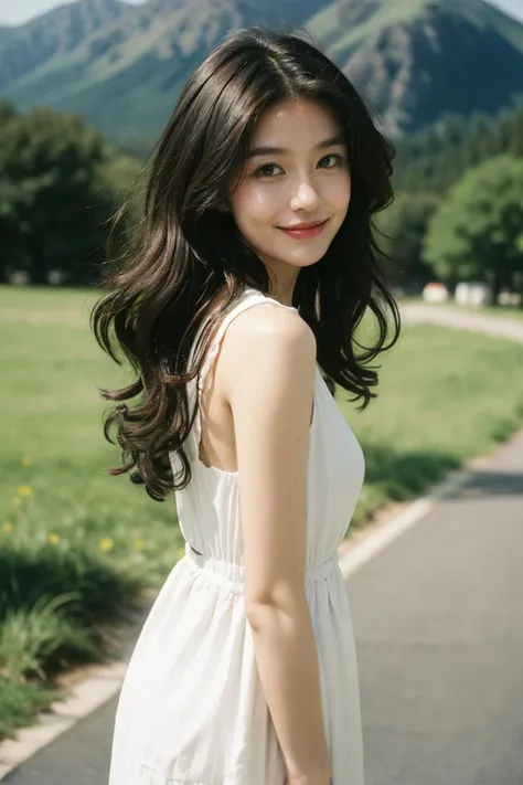 1girl,smirk,curly hair,rejuvenation,retro,film grain <lora:chineseAngela_v10:0.6:FACE> beautiful landscape