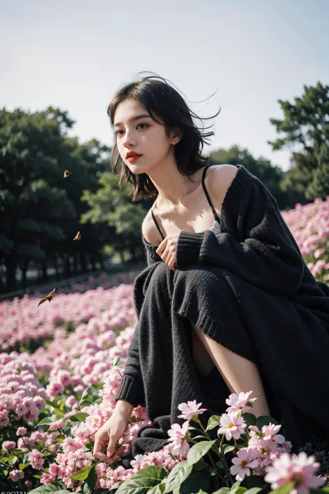 8K raw photo, Best quality, masterpiece, ultra high res, 1girl, looking away, solo, (small breasts:1.3), natural skin texture, realistic eye and face details, fluffy short hair, rouge \(makeup\), red eyeshadow, lipstick, little smile, black sweater, off shoulder, flower, sun, strap slip, brown hair, brown eyes, blurry, field, outdoors,    <lora:FilmG3:0.9>