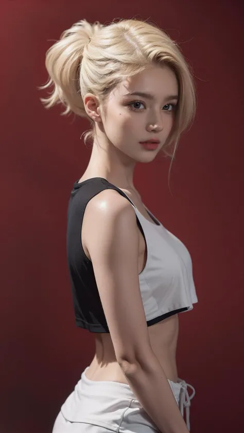 ((Best quality, 8k, Masterpiece :1.3)), 1girl, Pretty woman with emphasizing slender abs :1.3, (random hairstyles, Huge breasts :1.2), Casual outfit :1.2, Indoor, Ultra-detailed face, Detailed eyes, Double eyelid,arms up, white hair, , , ,