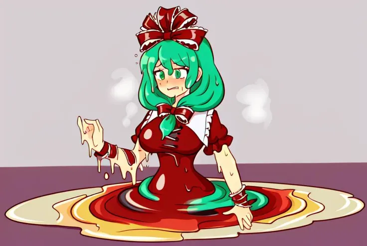 (melting:1.8),(dripping,sweat,wet:1.3),<lora:melting:1>,<lora:KagiyamaHina:1>,kagiyama hina,1girl, gown,red dress,floor-length dress,closed mouth,forced smile, green hair, green eyes, front ponytail,ribbon, frills, hair ribbon, arm ribbon, short sleeves, standing,white background, simple background, full body,gigantic breasts