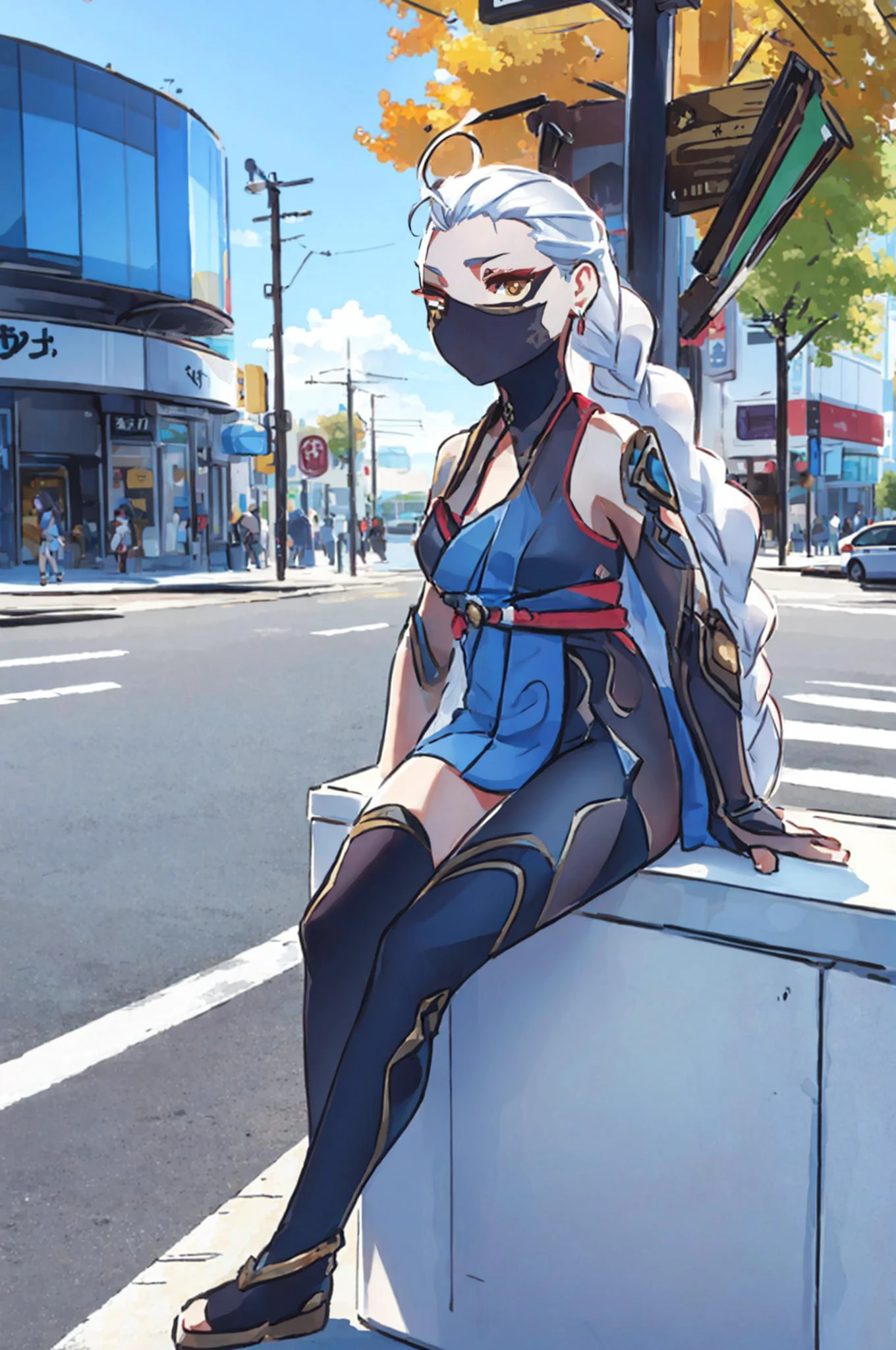 <lora:xinzoruo:1>, (xinzoruo, chibi)
, <lora:Airi AoV New V2:0.4>, Airi AoV, 1girl, solo, long hair, white hair, very long hair, braid, twin braids, ahoge, breasts, large breasts, yellow eyes, eyeshadow, earrings, makeup, mask, mouth mask, bodysuit, asymmetrical clothes, bare shoulders, tattoo, arm tattoo, shoulder tattoo, japanese clothes, ninja, jewelry, gloves, fingerless gloves, single thighhigh, black footwear
, upper body, sitting, ((smartphone, holding smartphone, selfie))
, outdoors, sky, day, cloud, blue sky, sunlight, ground vehicle, building, scenery, motor vehicle, city, sign, car, road, cityscape, power lines, street, bicycle, utility pole, road sign, traffic light, crosswalk, best quality, ultra high res, (photorealistic:1.4), masterpiece, real life skin, hyper real