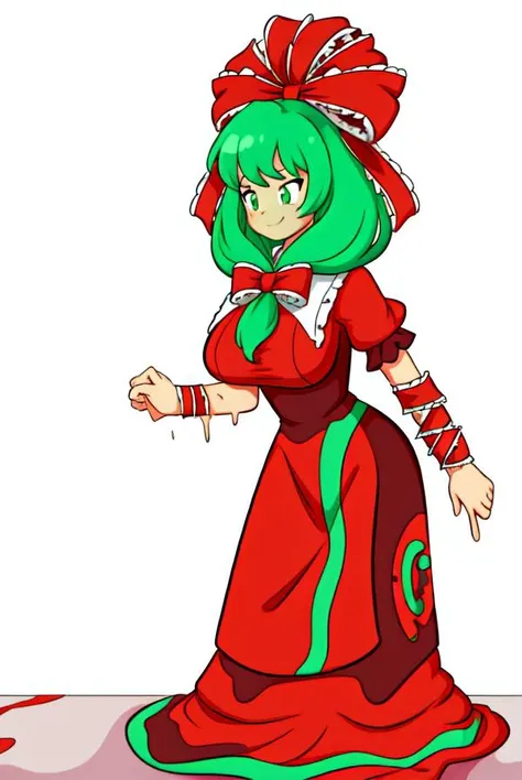 (melting:0.0),(dripping,sweat,wet:0.0),<lora:melting:1>,<lora:KagiyamaHina:1>,kagiyama hina,1girl, gown,red dress,floor-length dress,closed mouth,forced smile, green hair, green eyes, front ponytail,ribbon, frills, hair ribbon, arm ribbon, short sleeves, standing,white background, simple background, full body,gigantic breasts