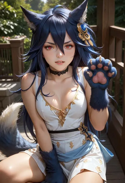 Cute beast with round face,Fleshy claws,Fleshy foot claws,Big blue eyes,The face has a light blue-white pattern,furry tail,Naughty personality,Very cute pose