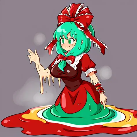 (melting:1.6),(dripping,sweat,wet:1.3),<lora:melting:1>,<lora:KagiyamaHina:1>,kagiyama hina,1girl, gown,red dress,floor-length dress,closed mouth,forced smile, green hair, green eyes, front ponytail,ribbon, frills, hair ribbon, arm ribbon, short sleeves, standing,white background, simple background, full body,gigantic breasts