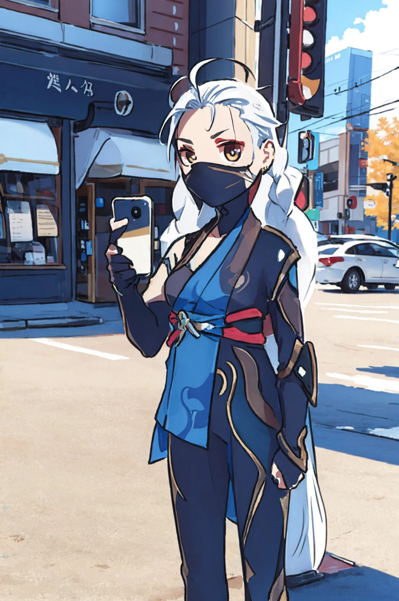 <lora:xinzoruo:1>, (xinzoruo, chibi)
, <lora:Airi AoV New V2:0.4>, Airi AoV, 1girl, solo, long hair, white hair, very long hair, braid, twin braids, ahoge, breasts, large breasts, yellow eyes, eyeshadow, earrings, makeup, mask, mouth mask, bodysuit, asymmetrical clothes, bare shoulders, tattoo, arm tattoo, shoulder tattoo, japanese clothes, ninja, jewelry, gloves, fingerless gloves
, upper body, sitting, ((smartphone, holding smartphone, selfie))
, outdoors, sky, day, cloud, blue sky, sunlight, ground vehicle, building, scenery, motor vehicle, city, sign, car, road, cityscape, power lines, street, bicycle, utility pole, road sign, traffic light, crosswalk, best quality, ultra high res, (photorealistic:1.4), masterpiece, real life skin, hyper real